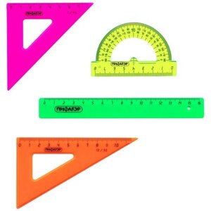 Набор чертежный малый пифагор (линейка 16 см, 2 треугольника, транспортир), непрозрачный, неоновый, пакет, 210624