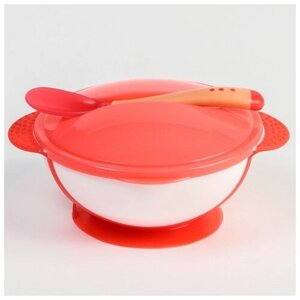 Набор детской посуды: миска на присоске 340мл, с крышкой, термоложка, цвет розовый
