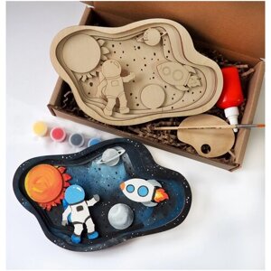 Набор для творчества детский из дерева сборный "Космос" 3D раскраска для мальчиков и девочек, объемная раскраска для развития фантазии и моторики