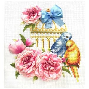 Набор для вышивки крестом и лентами многоцветница "Волнистые попугайчики"