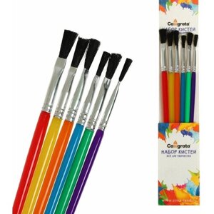 Набор кистей нейлон 6 штук, плоские, с пластиковыми цветными ручками