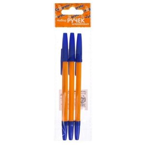 Набор ручек шариковых 3 штуки, стержень 0,7мм синий, корпус оранжевый с синим колпачком 5477640