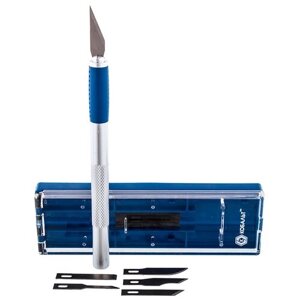 Нож для художественных работ кобальт перовые лезвия 6 шт, металлический корпус, кейс, блистер