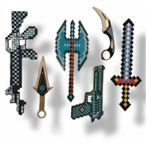 Оружие деревянное детское 6 предметов/ набор пиксельный голубой
