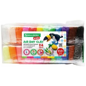 Пластилин легкий мягкий воздушный застывающий для детей 24 цвета, 240 г, 3 стека, Brauberg Kids