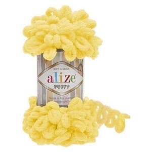 Пряжа плюшевая Alize Puffy (Ализе Пуффи) - 3 мотка 216 желтый для вязания руками, гипоаллергенная, большие петли (4см), 9м/100г