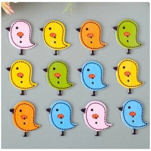 Пуговки птички разноцветные деревянные - пуговицы для творчества декоративные для рукоделия, 24 мм набор 12 штук