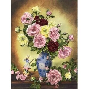 "Розы в голубой вазе"цена производителя)27х35см. Набор для вышивки лентами Многоцветница