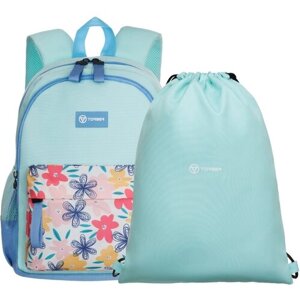 Рюкзак TORBER CLASS X Mini T1801-23-Grn, голубой/морская волна орнамент Цветы, полиэстер, 35,5х25х12 см, 10 л + Мешок для сменной обуви в подарок!