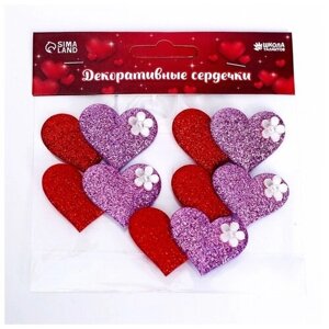 Сердечки декоративные, набор 5 шт, размер 1 шт: 5 3,5 см, цвет красно-розовый