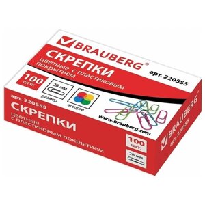 Скрепки BRAUBERG, 28 мм, цветные, 100 шт., в картонной коробке, Россия, 220555
