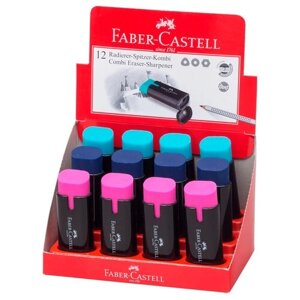 Точилка пластиковая с ластиком Faber-Castell "Combi" 1 отверстие, контейнер, ассорти, 12 шт. в упаковке