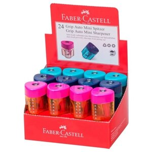Точилка пластиковая со "шторкой" Faber-Castell "Grip Auto Mini" 1 отверстие, контейнер, розовая/бирюзовая/синяя, 24 шт. в упаковке