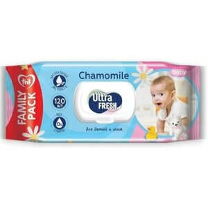 Влажные салфетки для детей и мам Ultra Fresh Baby, с клапаном, 120 шт .