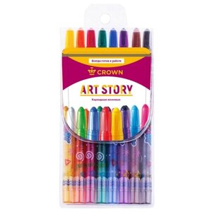 Восковые карандаши CROWN ArtStory, 8 цветов, выкручивающийся стержень, ПВХ, европодвес
