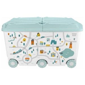 Ящик для игрушек на колесах С декором " путешествие", 66,5Л, 685х395х385 ММ (Светло-голубой)