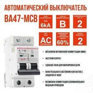 Автоматический выключатель AKEL ВА47-MCB-N-2P-B2-AC, 1 шт.