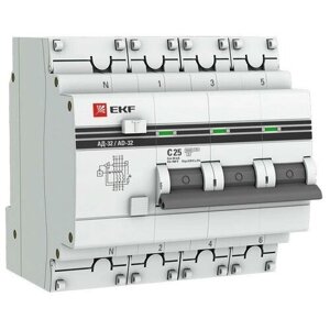 Автоматический выключатель дифференциального тока АД-32 3P+N 25А (С) 30мА тип (АС) эл. 4,5кА EKF PROxima