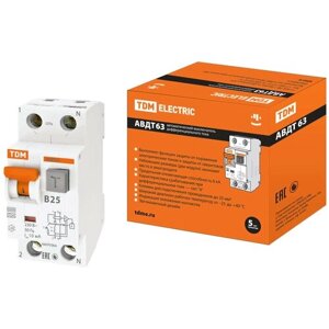 Автоматический выключатель дифференциального тока АВДТ 63 2Р (1Р+N) B25 10мА 6кА тип А TDM SQ0202-0010