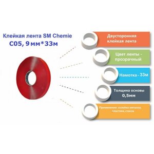 C05 SM Сhemie, лента клейкая двухсторонняя акриловая прозрачная, 9 мм*33 м, толщина 0,5 мм.