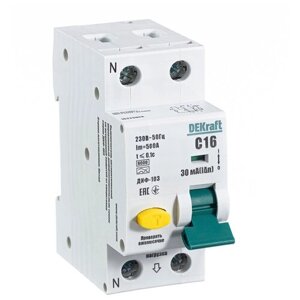 DEKraft автоматический выключатель дифференциального тока 1Р+N 16А 30мА тип A х-ка С ДИФ-103 6кА (арт. 16229DEK)