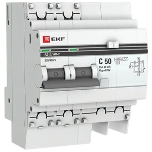 Дифференциальный автомат EKF АД-2 2П 30 мА C 4.5 кА AC электронный 50 А 30 мА