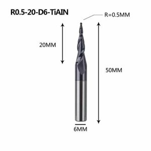 Dreanique конусная фреза по дереву (R0.5 L20 d6 покрытие TiAlN) P2BC-R0.5-20-H6 39694