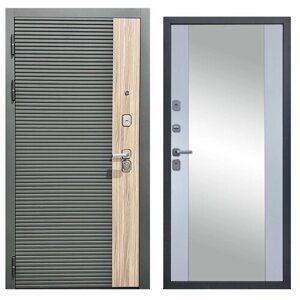 Дверь входная металлическая DIVA-76 Зеркало 2050*860 Левая (Дуб / Серая - Д15 Силк Маус), тепло-шумоизоляция, антикоррозийная защита для квартиры.