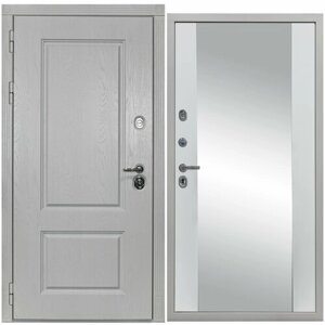 Дверь входная металлическая DIVA ДХ-9 Зеркало 2050х860 Левая Альберо браш грей - Д15 Белый софт, тепло-шумоизоляция, антикоррозийная защита