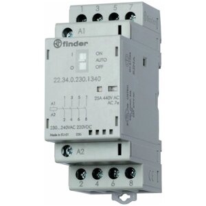 Finder Модульный контактор; 4NO 25А; контакты AgSnO2; катушка 230В АС/DC; ширина 35мм; степень защиты IP20; опции: мех. индикатор + LED