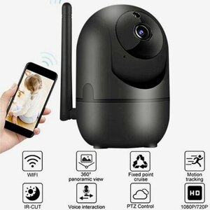 IP-камера видеонаблюдения Wi-Fi для дома с обзором 360 градусов ( видеоняня ). Черная.