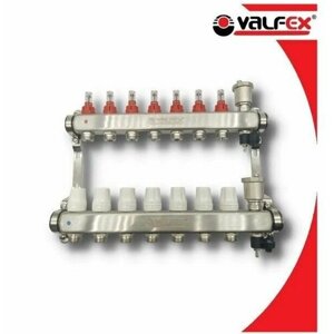 Коллектор VALFEX для теплого пола 1" x 7 выходов 3/4" с регулирующими клапанами, расходомерами, воздухоотводчиками и дренажным краном