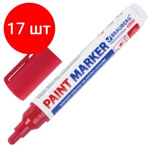 Комплект 17 шт, Маркер-краска лаковый (paint marker) 6 мм, красный, нитро-основа, BRAUBERG PROFESSIONAL PLUS EXTRA, 151452
