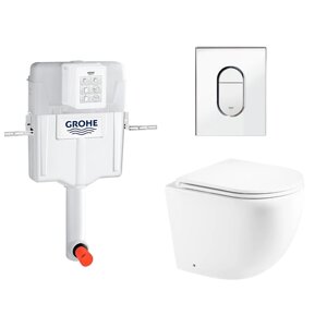 Комплект 3 в 1 смывной бачок скрытого монтажа Grohe GD2 + Унитаз приставной Enio Unico EN5104885 + Кнопка Arena Cosmopolitan хром