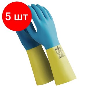 Комплект 5 шт, Перчатки латексно-неопреновые MANIPULA "Союз", хлопчатобумажное напыление, размер 7-7.5 (S), синие/желтые, LN-F-05