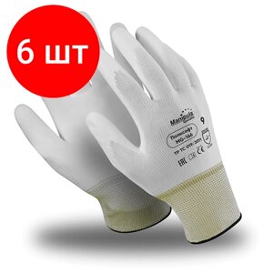 Комплект 6 шт, Перчатки полиэфирные MANIPULA полисофт, полиуретановое покрытие (облив), размер 9 (L), белые, MG-166