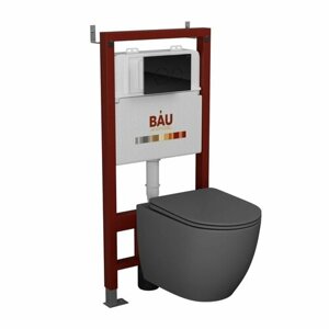 Комплект BAU 6 в 1: инсталляция BAU PRO, унитаз подвесной безободковый Bau Dream 49,5х36, сиденье дюропласт микролифт, темно-серый матовый, клавиша из стекла BAU Dream, черная