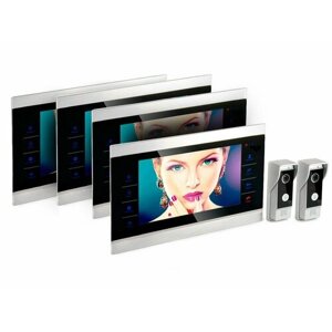 Комплект четыре видеомонитора HDcom S-104 и 2 вызывные антивандальные панели. Запись видео на SD карту по датчику