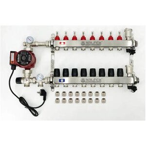 Комплект для водяного теплого пола с насосом до 130 кв/м Коллектор 8 контуров, евроконус 3/4'х16(2.0) VALFEX