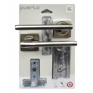 Комплект дверной фурнитуры PUERTO (ручка дверная межкомнатная, защелка м/к, петли накладные без врезки), никель матовый/никель блестящий