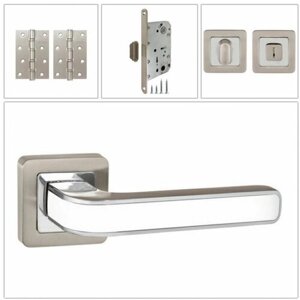 Комплект дверных ручек Punto NOVA_QR_SN/WH-19_MAGWC, матовый никель/белый (ручка + завертка WC + магнитный замок + 2 универсальные петли)