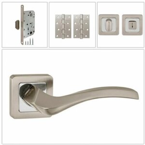Комплект дверных ручек Punto VESTA_QR_SN/CP-3_MAGWC, матовый никель/хром (ручка + завертка WC + магнитный замок + 2 универсальные петли)
