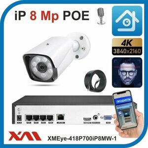 Комплект видеонаблюдения IP POE на 1 камеру с микрофоном, 8 Мегапикселей. Xmeye-418P700iP8MW-1-POE.