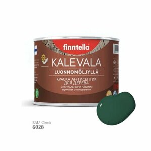 Краска для дерева и деревянных фасадов FINNTELLA KALEVALA, с натуральным маслом и полиуретаном, цвет RAL 6028 Сосновый зеленый (Pine green), 0,45л