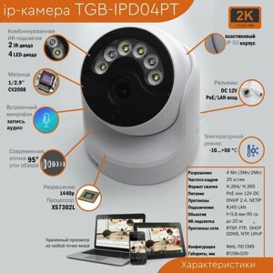 Купольная внутренняя IP-камера видеонаблюдения со встроенным микрофоном и PoE TGB-IPD04PT 4Мп с комбинированнной ИК-подсветкой