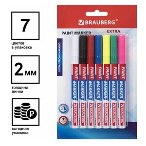 Маркер-краска лаковый EXTRA (paint marker) 2 мм, набор 7 цветов, усиленная нитро-основа, BRAUBERG, 151996