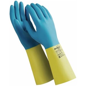 Перчатки латексно-неопреновые Manipula "Союз"хлопчатобумажное напыление, размер 9-9,5 ( L), синие/желтые, LN-F-05)