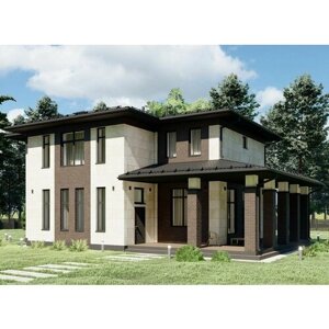Проект двухэтажного дома с облицовкой камнем в стиле Райт S-221
