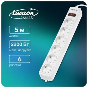 Сетевой фильтр Luazon Lighting, 6 розеток, 5 м, 2200 Вт, 3 х 0.75 мм2, 10 А, 220 В, белый
