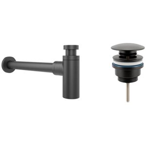 Сифон для раковины Wellsee Drainage System 182105003 в наборе 2 в 1: металлический сифон и универсальный донный клапан в цвете матовый черный